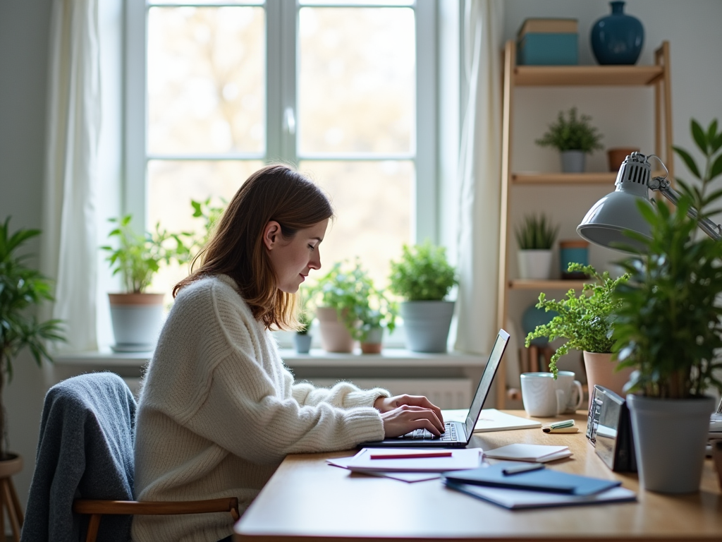 Kobieta pracuje na laptopie w jasnym, nasłonecznionym pokoju pełnym roślin.