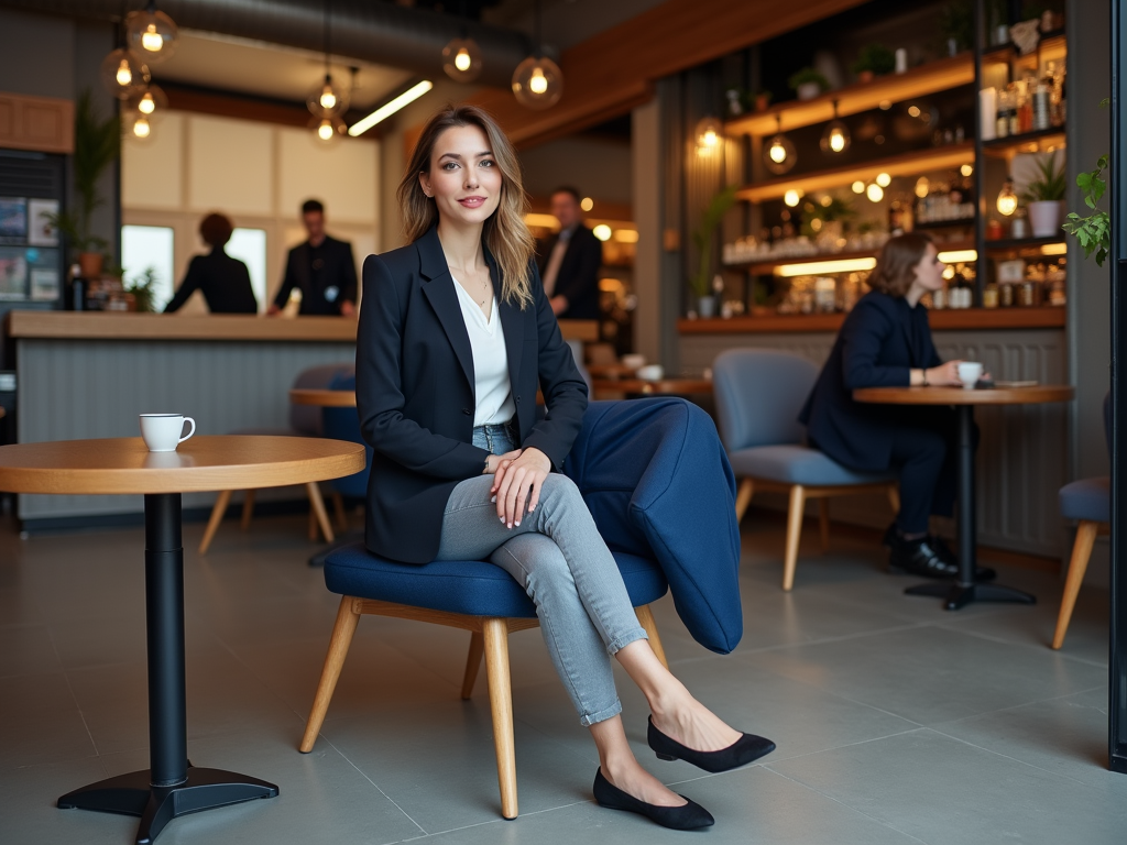 Kobieta w eleganckim garniturze siedzi w nowoczesnej kawiarni, z filiżanką kawy na stole.